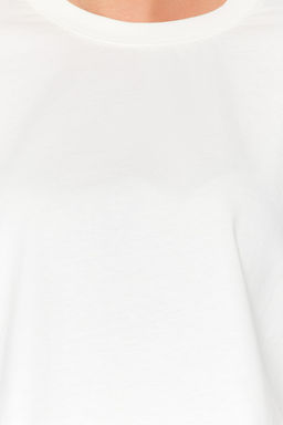 Premium Ekru Relaxed/Rahat Kal?p %100 Kal?n Pamuklu Crop Orme T-Shirt TWOSS23TS00038