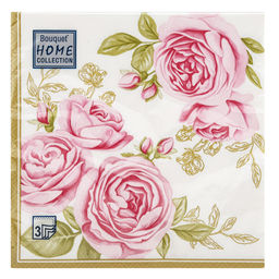 Салфетки бумажные Bouquet Home Collection Classic 33х33см, 3-х слойные, 20 штук в упаковке, 100% целлюлоза, Роза с золотыми листьями (Россия)  фото 2
