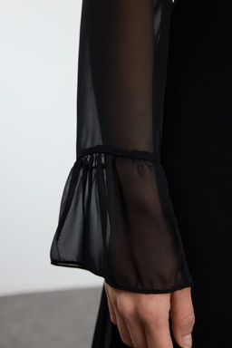 Siyah Animal Desenli A Kesim Dik Yaka Midi Astarl? Sifon Dokuma K?sl?k Elbise TWOAW25EL00173