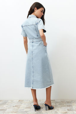 TRENDYOLMILLA Ekru Etek Ucu Puskullu Kemerli Maxi Denim Elbise TWOSS24EL00377