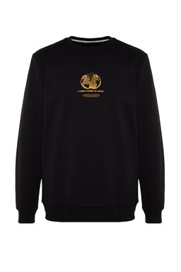 Siyah Bisiklet Yaka Regular/Normal Kesim Uzay Bask? Ici Polar/S?cak Tutan Sweatshirt TMNAW24SW00093