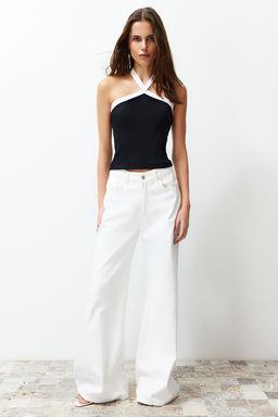 Siyah Renk Bloklu Boyundan Baglamal? Fitilli Esnek Orme Bluz TWOSS24BZ00162