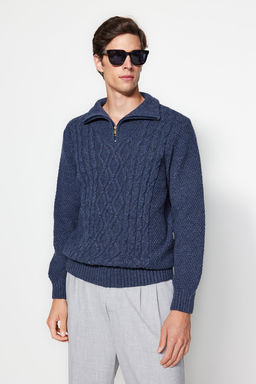 TRENDYOL MAN Lacivert Regular Fit Fermuarl? Yar?m Bal?kc? Yaka Triko Kazak TMNAW24KZ00047