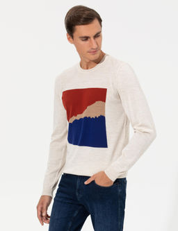 Ekru Slim Fit Bisiklet Yaka Triko Kazak