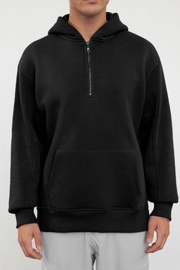 Siyah Oversize/Genis Kesim Fermuarl? Kapusonlu Ici Polarl? Basic Sweatshirt TMNAW25SW00050