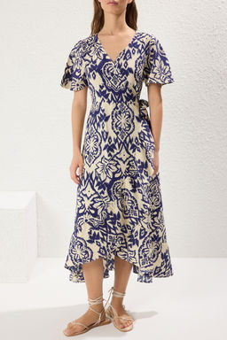 Lacivert Kusakl? Sal Desenli Anvelop Kapamal? Midi Dokuma Elbise TWOSS25EL00141