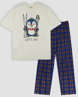 Пижама мужская (футболка+брюки) 942 молочный/синяя клетка 1050 Be Friends