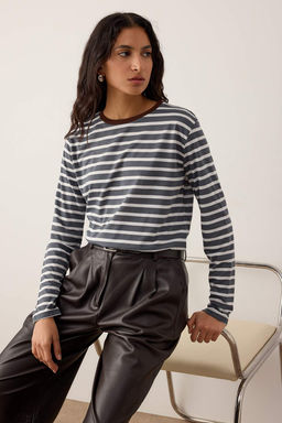 TRENDYOLMILLA Kahverengi-Tas Cizgili Yakas? Renkli Ribanal? Cizgili Basic Orme T-shirt TWOAW23TS00026  фото 9