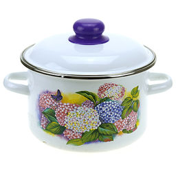 "Сирень" Кастрюля эмалированная 3л, д20см, h12,5см, цилиндрическая форма, металлическая крышка с пластмассовой ручкой-кнопкой, ободок из нержавеющей стали, белый (Россия)