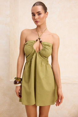 Yag Yesili Dokuma Boyundan Baglamal? Aksesuar Detayl? %100 Pamuk Mini Plaj Elbisesi TBESS26EL00020