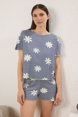 Trendyolmilla Sar?-Cok Renkli Cicekli ve Cizgili Baby Overlok Detayl? Sortlu Orme Pijama Tak?m? THMSS25PT00205 фото 8