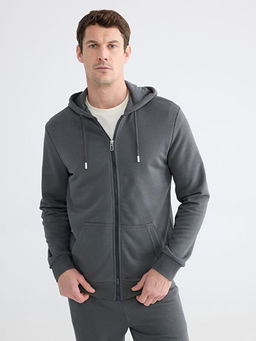 Standart Kal?p Kap??onlu Erkek Fermuarl? Sweatshirt