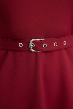 TRENDYOLMILLA Bordo Kemerli Belden Ac?lan Gomlek Detayl? Mini Dokuma Elbise TWOAW25EL00398 фото 4