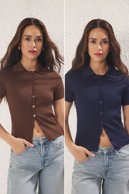 TRENDYOLMILLA Lacivert-Kahverengi Ikili Paket Basic Triko H?rka TWOSS25HI00014
