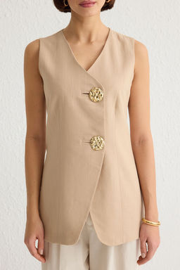 Trendyolmilla Bej Fitted Keten Efektli Dugmeli V Yaka Dokuma Yelek TWOSS25YE00025  фото 3