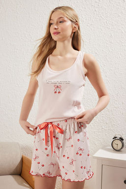 Trendyolmilla Pembe %100 Pamuklu Kiraz Desenli Kurdele/Fiyonklu Sortlu Orme Pijama Tak?m? THMSS25PT00186