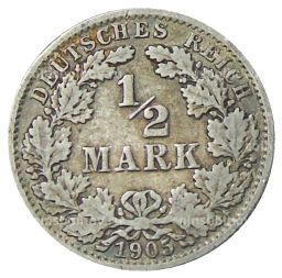 Монета 1/2 марки 1905 года A Германия