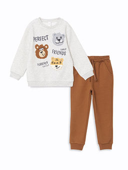 Bisiklet Yaka Bask?l? Erkek Bebek Sweatshirt ve E?ofman Alt 2li