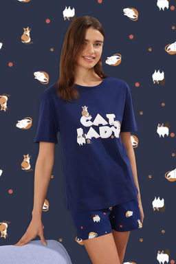 Trendyolmilla Lacivert %100 Pamuklu Kedili ve Sloganl? Sortlu Orme Pijama Tak?m? THMSS25PT00275