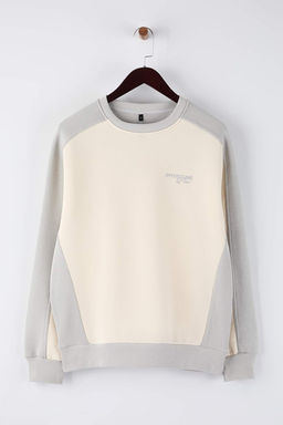 Gri-Ekru Un?sex Yeni Oversize/Genis Kesim Yaz? Nak?sl? Kal?n Ici Polarl? Sweatshirt TMNAW26SW00023 - Trendyolmilla фото 5