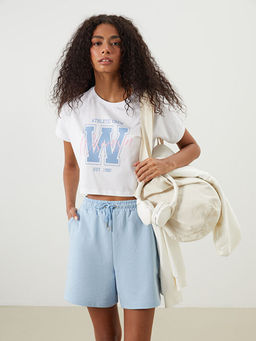 Bisiklet Yaka Bask?l? Crop Kad?n Spor Ti??rt