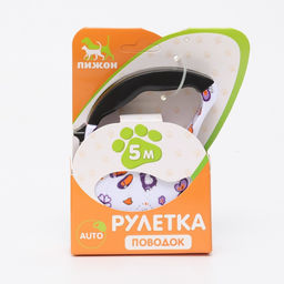 Рулетка с поводком-лентой, резиновая ручка, 5 м, вес животного до 15 кг, узоры на белом - Пижон фото 4