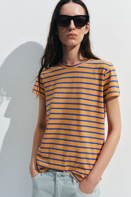 CAMISETA RAYAS ALGOD?N Y LINO / Naranja