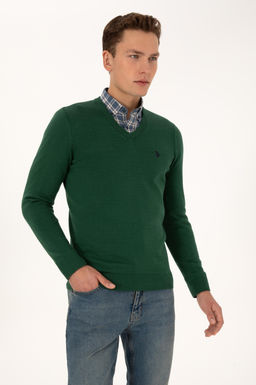 Erkek Slim Fit V Yaka Koyu Ye_il Basic Triko Kazak - U.s. polo assn фото 3