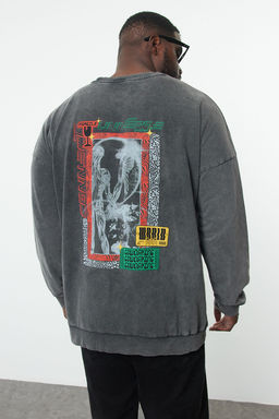 TRENDYOL MAN Antrasit %100 Pamuk Buyuk Beden Oversize Y?kama Efektli S?rt Bask?l? Sweatshirt TMNAW25AO00018 - Trendyolmilla фото 5