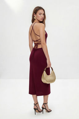 Bordo Arkadan Bagc?kl? Sandy Midi Astars?z Party Elbise TPRSS26EL00221 - Trendyolmilla фото 4