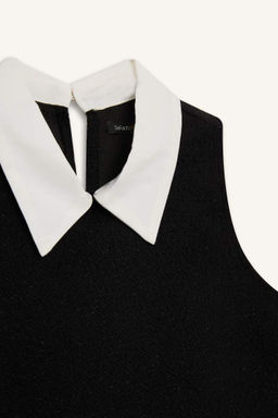 Трапеция с рубашечным воротником Базовое прямое твидовое мини-черное платье без рукавов - Defacto фото 2