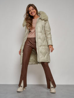 Пальто утепленное с капюшоном зимнее женское светло-зеленого 13305ZS - Visdeer фото 14