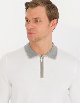 Ekru Slim Fit Fermuarl_ Polo Yaka Triko Kazak