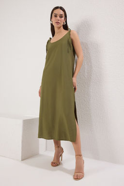 TRENDYOLMILLA Haki Duz Kesim Y?rtmacl? Ask?l? Midi Dokuma Elbise TWOSS23EL00413 фото 9