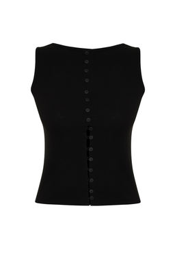 Siyah Dugmeli Fitted/Vucuda Oturan Fitilli Esnek Orme Bluz TWOSS24BZ00306