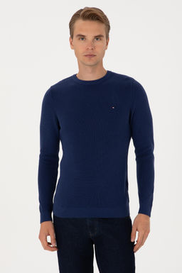 Erkek Slim Fit Bisiklet Yaka _ndigo Basic Kazak