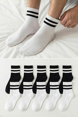 Siyah-Beyaz Unisex 10lu _izgili Pamuklu Kolej/Tenis Boy Nefes Alan Yazl_k _orap TMNSS25CO00019