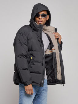 Куртка спортивная болоньевая мужская зимняя с капюшоном черного цвета 3111Ch