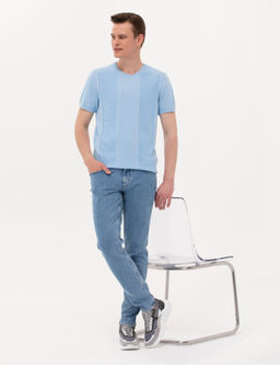 A__k Mavi Slim Fit Bisiklet Yaka Triko Ti__rt