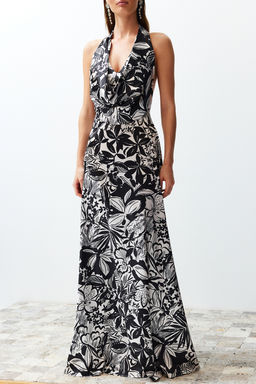 Cok Renkli Cicek Desenli Degaje Yaka Dokuma Saten Uzun Gece Abiye Elbise TPRSS24AE00002 - Trendyolmilla фото 4