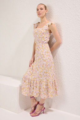 Sar? Cicekli Etegi Belden Ac?lan F?rf?rl? Midi Dokuma Elbise TWOSS20EL3331