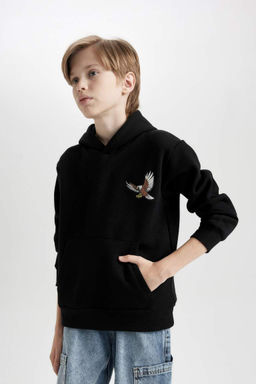 Черная толстая толстовка обычного кроя с капюшоном и принтом животных для мальчиков - Defacto фото 4