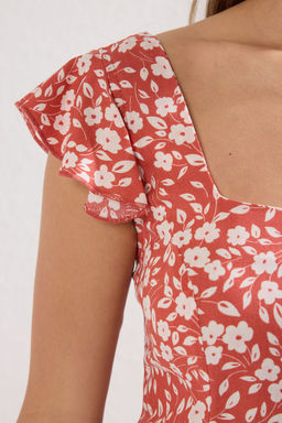 Kiremit Cicek Desenli Kare Yaka A Kesim Viskon Midi Dokuma Elbise TWOSS20EL3331