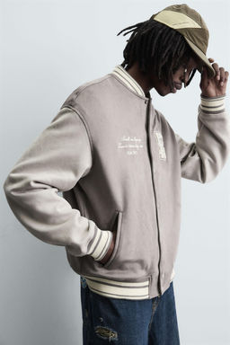 FAUX SUEDE BOMBER JACKET WITH PATCHES