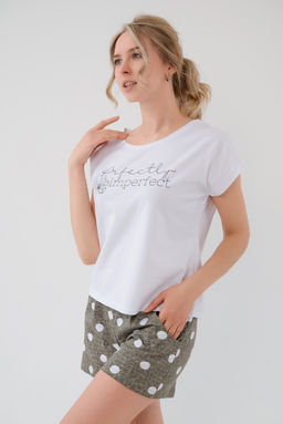 Пижама женская из футболки и шорт из кулирки Алиса горох хаки - Амадэль фото 4