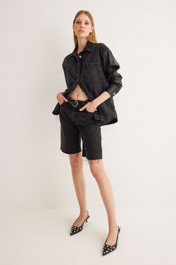 Siyah Kontrast Deri Detayl? Oversize Denim Gomlek Ceket TWOSS25CE00012 - Trendyolmilla фото 2