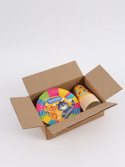 Посуда одноразовая бумажная на 10 персон «Простоквашино»: стаканы, тарелки, скатерть, Союзмультфильм