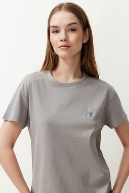 Gri %100 Pamuklu Tavsan Desenli Sortlu Orme Pijama Tak?m? THMSS24PT00199 - Trendyolmilla фото 3