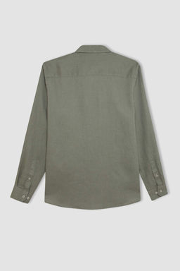 Льняная рубашка стандартного кроя с воротником поло и длинными рукавами - Defacto фото 3