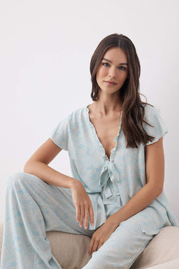 Ac?k Mavi Etnik Desenli F?rf?r ve Baglama Detayl? Dokuma Pijama Tak?m? THMAW26PT00086